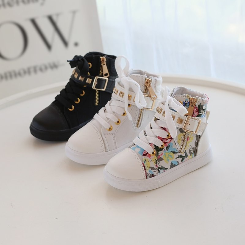Kids-Casual-Shoes-Fashion-Punk-Style-Rivet-Buckle-Floral-Boys-Girls-Ankle-Boots-High-Top-Solid-3