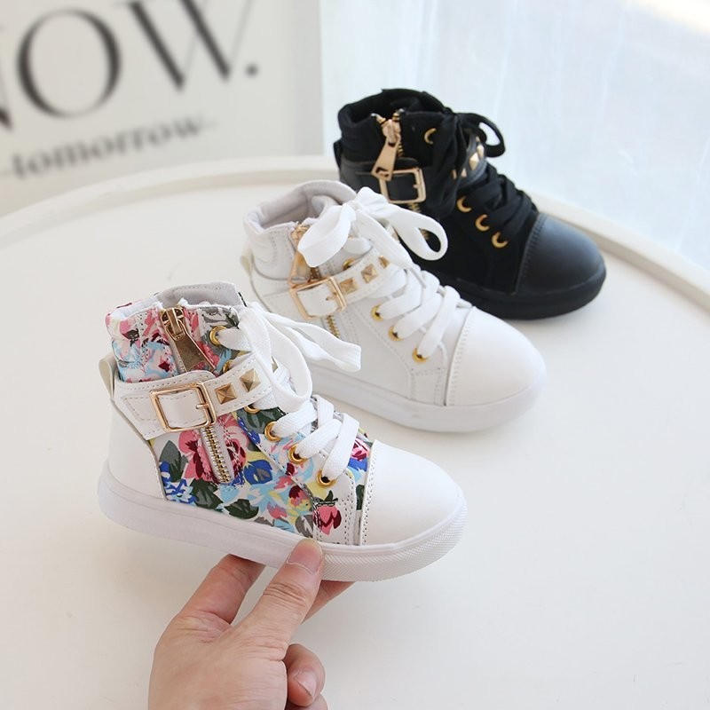 Kids-Casual-Shoes-Fashion-Punk-Style-Rivet-Buckle-Floral-Boys-Girls-Ankle-Boots-High-Top-Solid-4