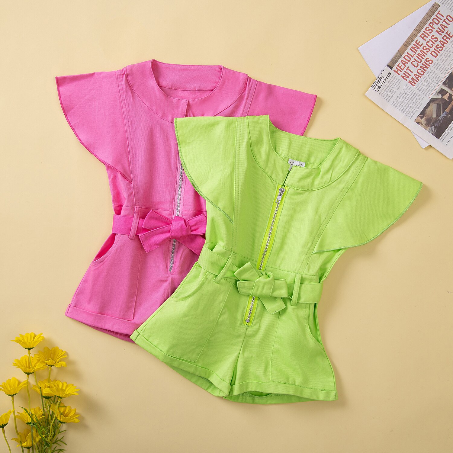 1-5Y-Kids-Girls-Playsuits-Baby-Summer-Clothing-Solid-Color-Fly-Sleeve-Zipper-Belted-Romper-Jumpsuit-1