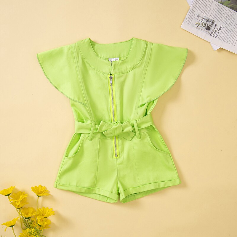 1-5Y-Kids-Girls-Playsuits-Baby-Summer-Clothing-Solid-Color-Fly-Sleeve-Zipper-Belted-Romper-Jumpsuit-2