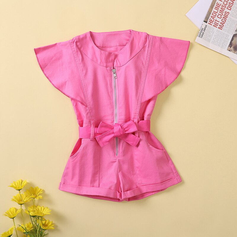 1-5Y-Kids-Girls-Playsuits-Baby-Summer-Clothing-Solid-Color-Fly-Sleeve-Zipper-Belted-Romper-Jumpsuit-4