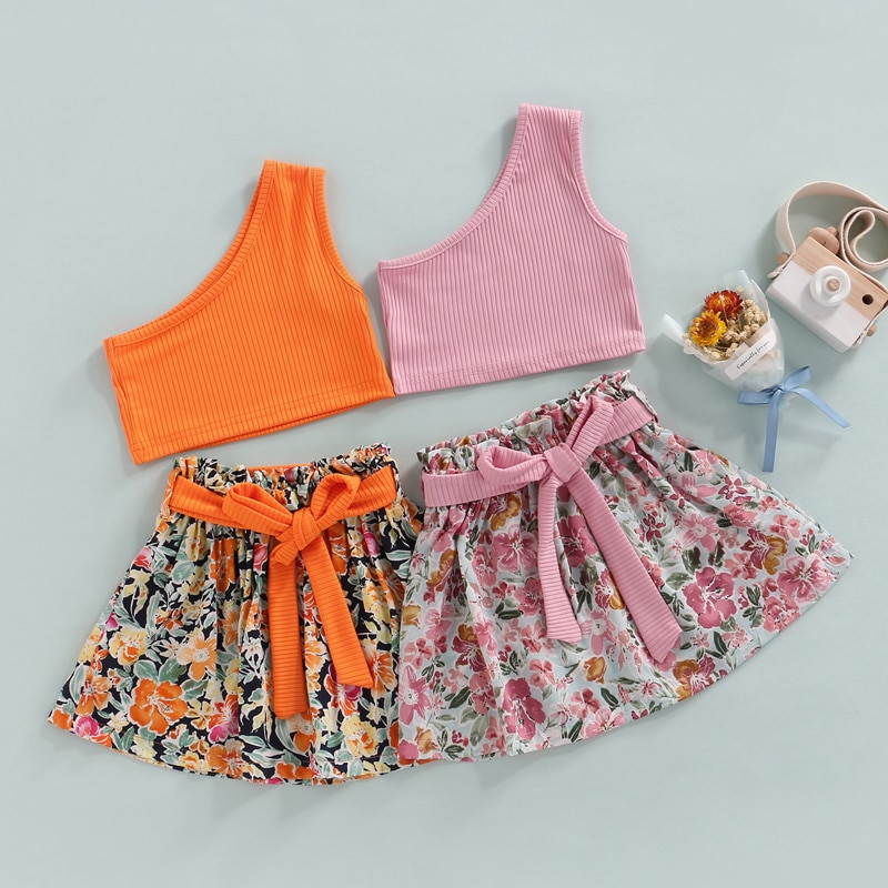 1-6-Years-Kids-Girls-Clothes-Suit-Solid-Color-One-Shoulder-Knit-Crop-Tops-Floral-Printed-2