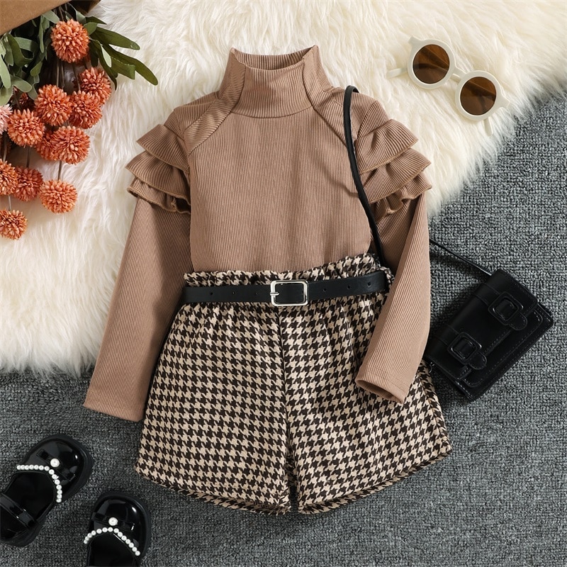 1-6Y-Kids-Girls-Autumn-Clothes-Set-Baby-Ruffle-Long-Sleeve-High-Neck-Ribbed-Tops-Houndstooth-1