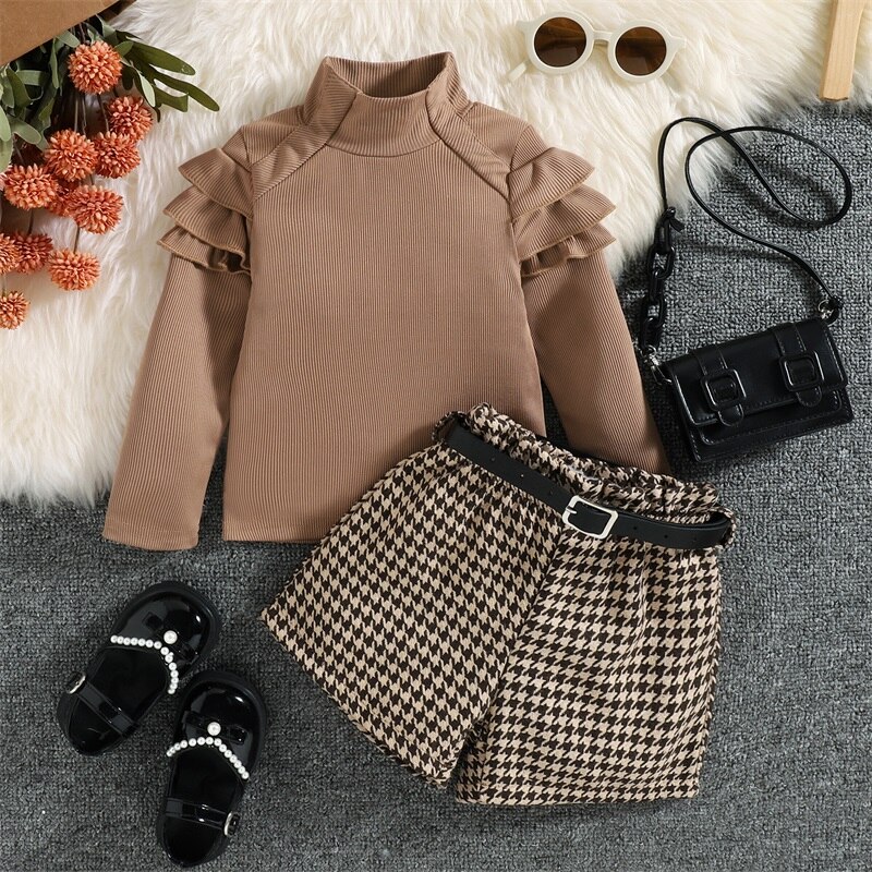 1-6Y-Kids-Girls-Autumn-Clothes-Set-Baby-Ruffle-Long-Sleeve-High-Neck-Ribbed-Tops-Houndstooth-2