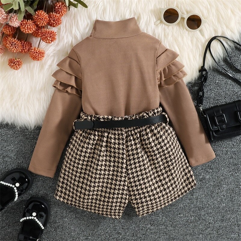 1-6Y-Kids-Girls-Autumn-Clothes-Set-Baby-Ruffle-Long-Sleeve-High-Neck-Ribbed-Tops-Houndstooth-3
