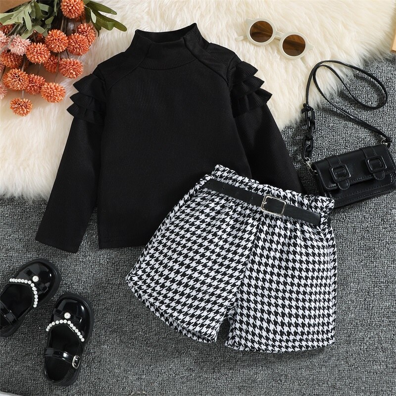 1-6Y-Kids-Girls-Autumn-Clothes-Set-Baby-Ruffle-Long-Sleeve-High-Neck-Ribbed-Tops-Houndstooth-5