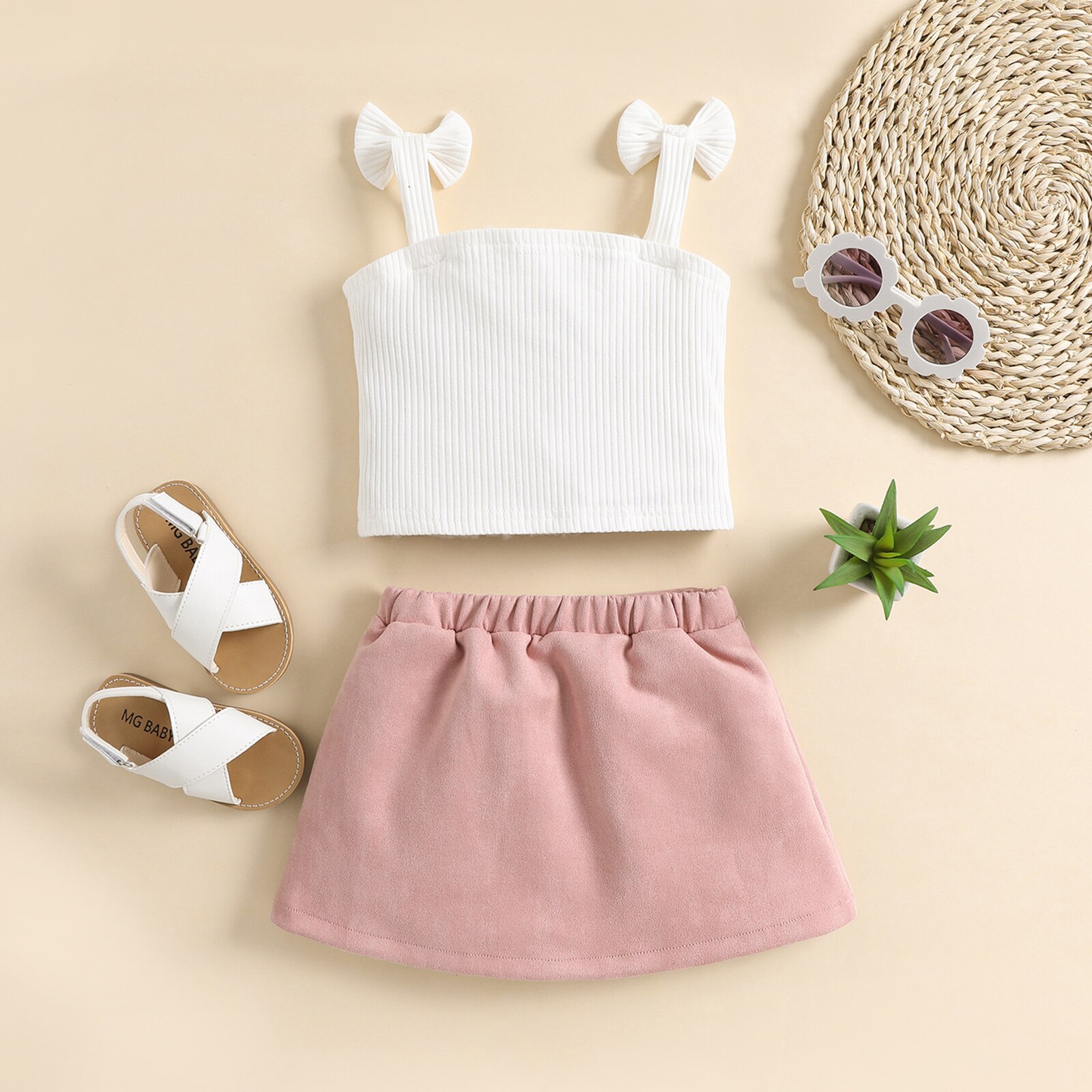 2PCS-Toddler-Girls-Summer-Clothes-Bow-Strap-Ribbed-Knit-Tank-Tops-Belted-Skirt-Set-3