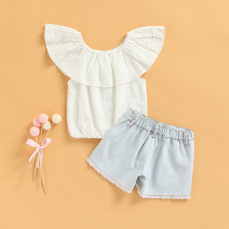 2pcs-Fashion-Girls-Clothes-Sets-Solid-Color-Ruffle-Collar-Sleeveless-Tops-Ripped-Denim-Shorts-for-Toddler-1