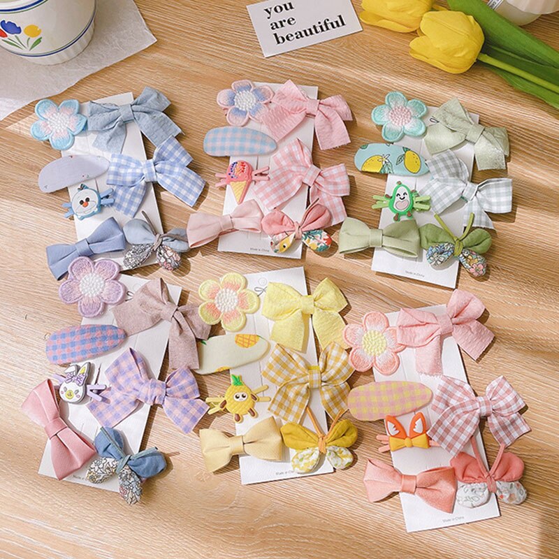 7PCS-Set-Cute-Flower-Cartoon-Bow-Hairpins-Korean-Kids-Children-Lovely-Plaid-Butterfly-Girls-Side-Hair-5