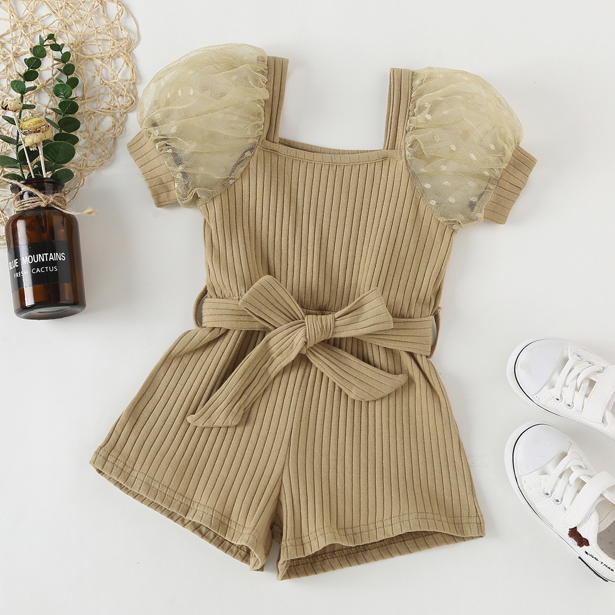 Baby-Girl-Cotton-Ribbed-Jumpsuit-Puff-Sleeve-Summer-Infant-Toddler-Lace-Jumpsuit-Waist-Belt-Outfit-Solid-5