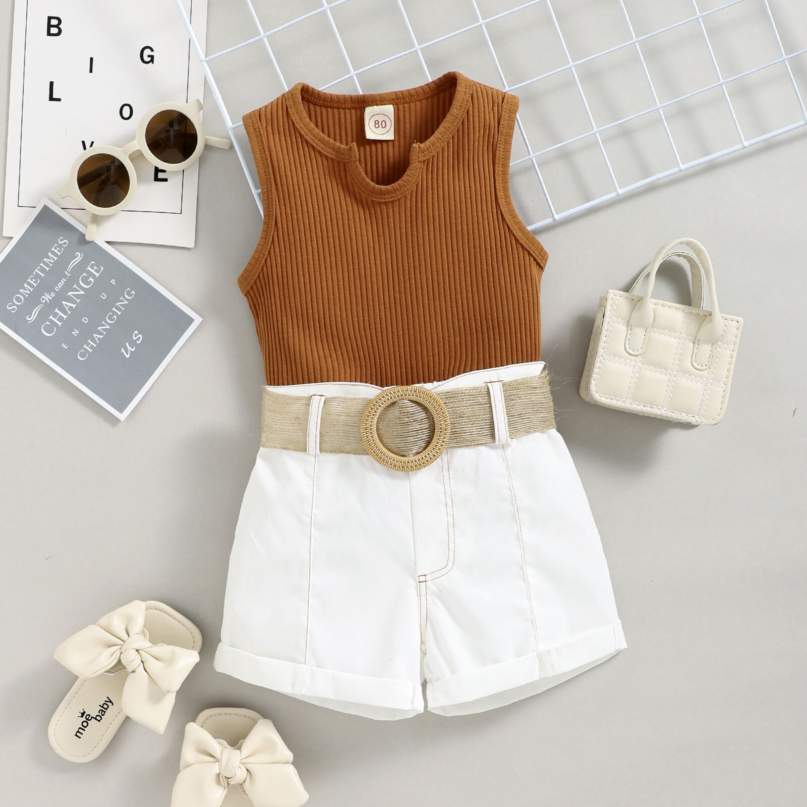 Baby-Girls-Clothes-Sets-Summer-Solid-Color-Ribbed-Girl-Sleeveless-Tops-Belted-Shorts-2pcs-Suit-Casual-1
