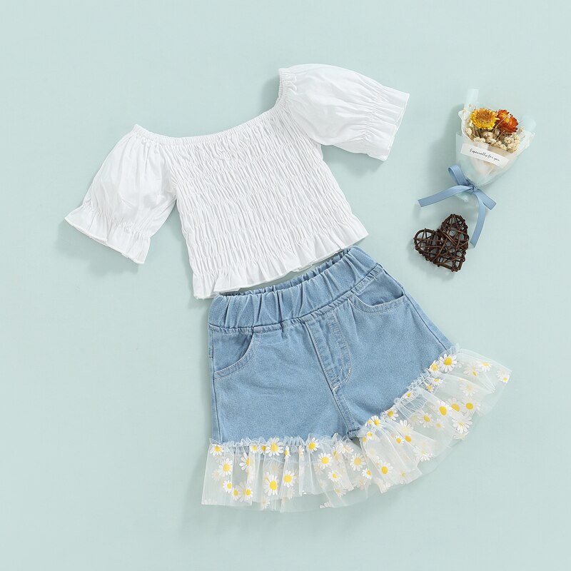 Fashion-Children-Kid-Girls-Summer-2Pcs-Outfit-Sets-White-Short-Sleeve-Round-Neck-T-shirt-Denim-1
