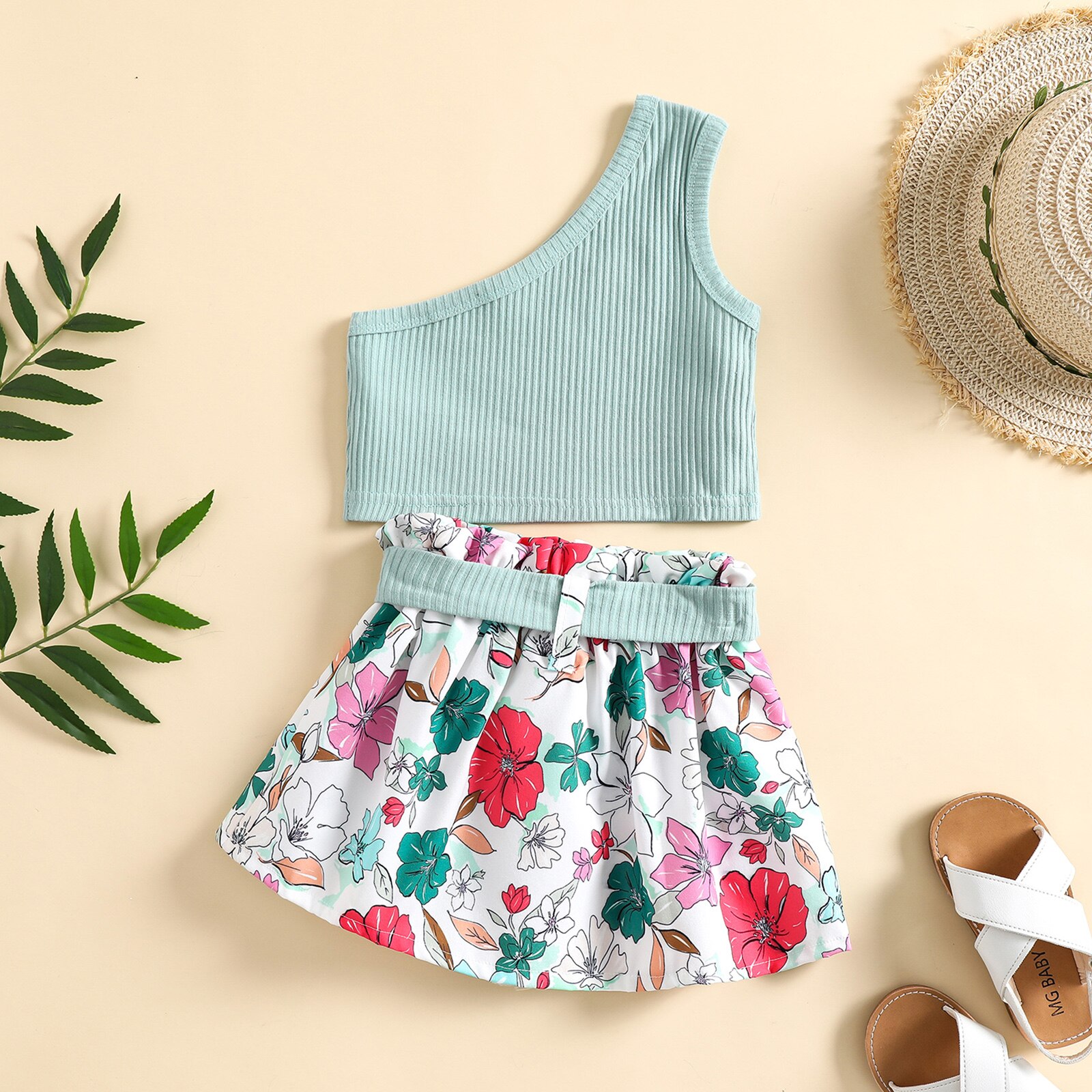 Girl-Summer-Clothing-Set-Sloping-Shoulders-Sleeveless-Solid-Tank-Tops-Flower-Printed-Casual-Shorts-With-belt-5