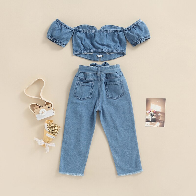 Kid-Girl-Denim-Outfits-Sets-Off-Shoulder-Short-Sleeve-Lacing-Crop-Tops-with-Ripped-Jeans-1