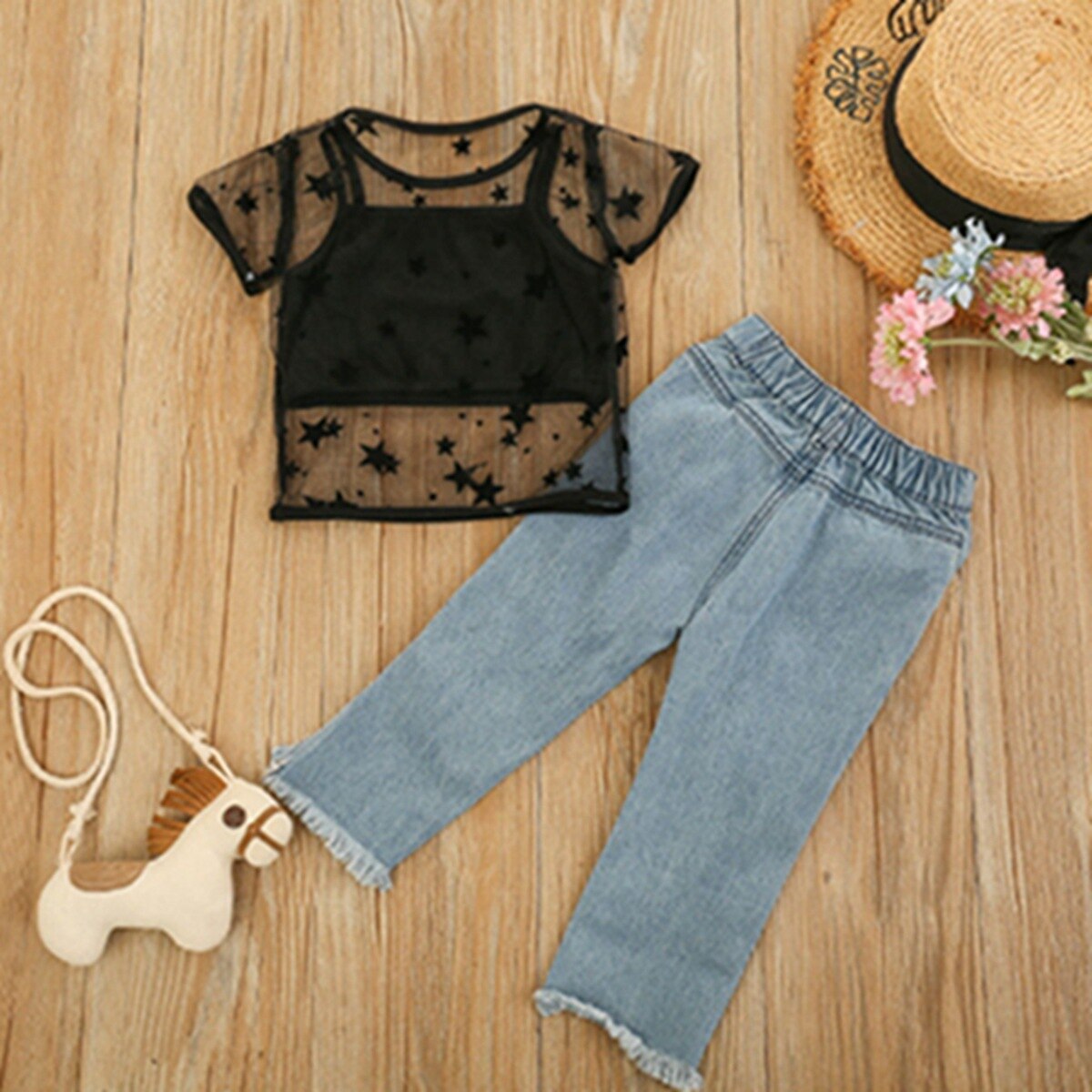 Kid-Girls-Three-Pieces-Outfits-Clothes-Set-Summer-Short-Sleeve-Lace-T-Shirt-Solid-Color-Camisole-2