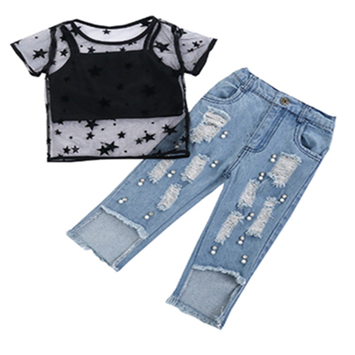 Kid-Girls-Three-Pieces-Outfits-Clothes-Set-Summer-Short-Sleeve-Lace-T-Shirt-Solid-Color-Camisole-5