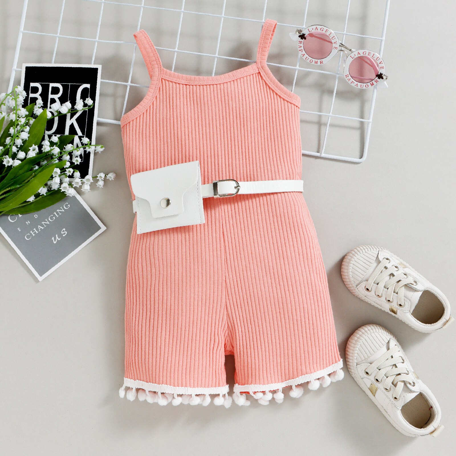 Kids-Summer-Outfit-Contrast-Color-U-Neck-Sleeveless-Playsuit-Waist-Bag-for-Baby-Girls-Pink-Gray-1
