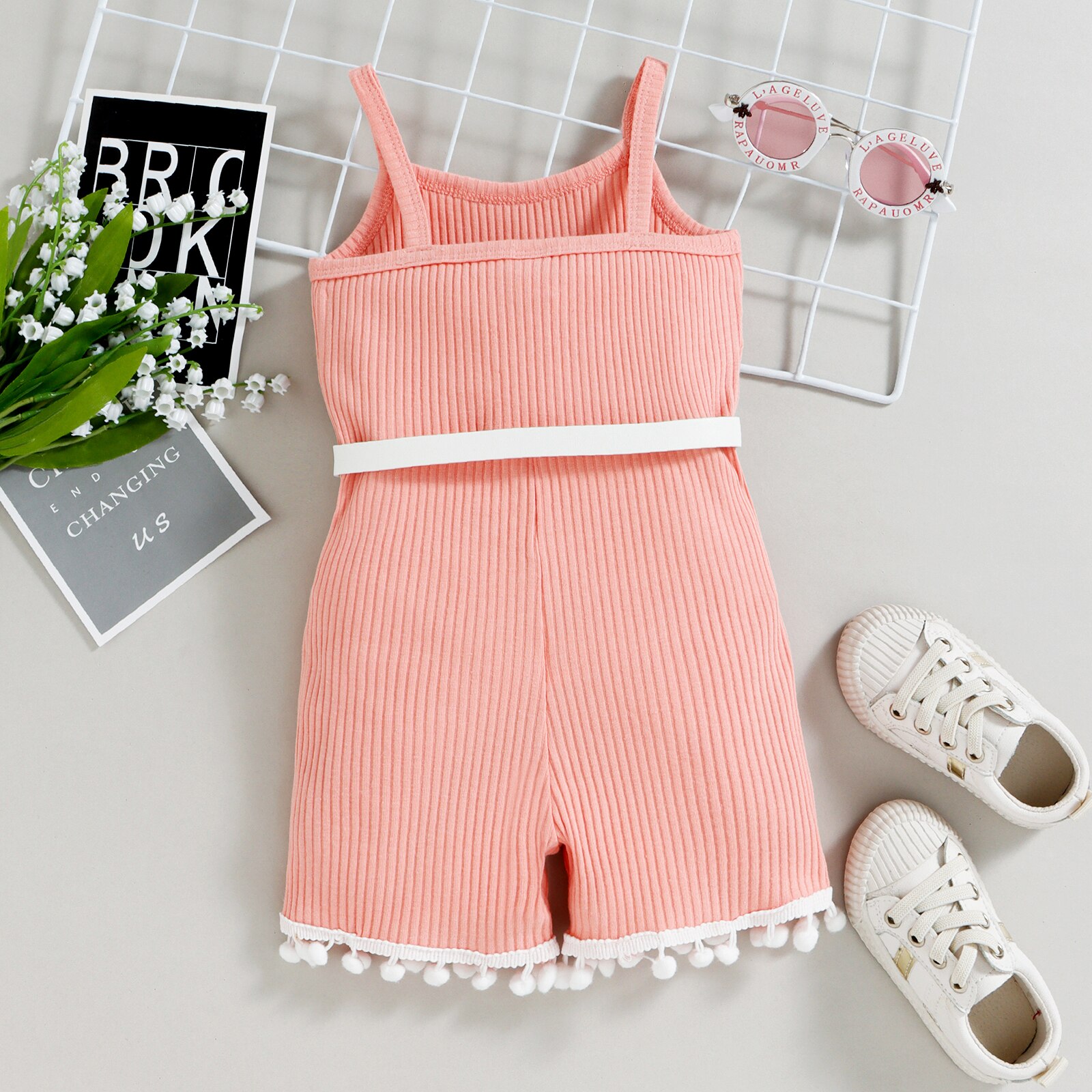 Kids-Summer-Outfit-Contrast-Color-U-Neck-Sleeveless-Playsuit-Waist-Bag-for-Baby-Girls-Pink-Gray-2
