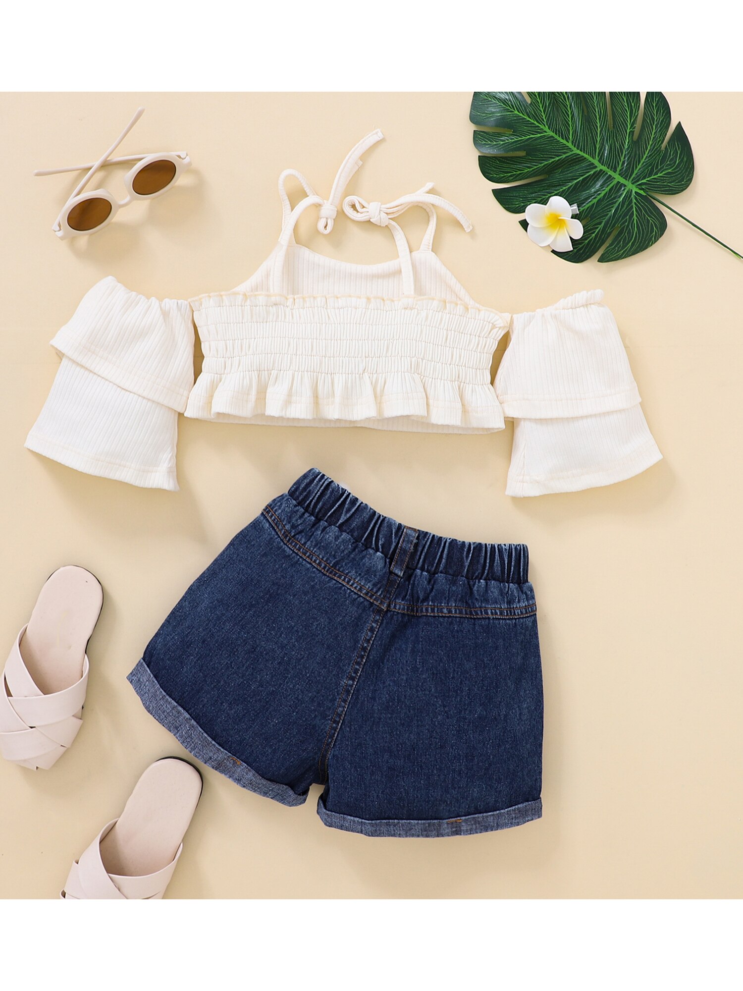 Little-Girls-Two-Piece-Outfits-Solid-Color-Short-Sleeve-Spaghetti-Strap-Ribbed-Crop-Tops-Elastic-Waist-1