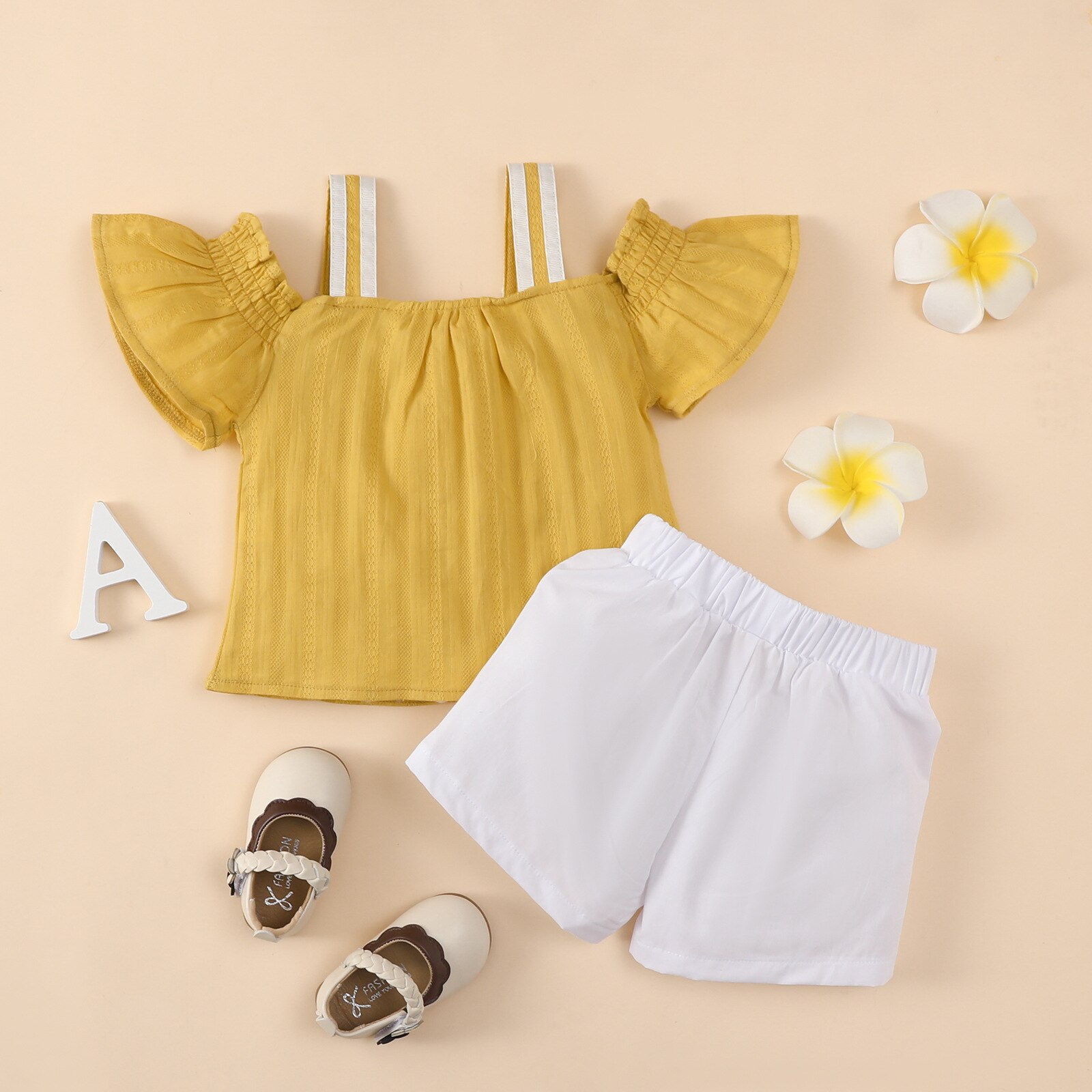 Off-Shoulder-Chrysanthemum-Toddler-Girls-Clothes-Summer-Short-Ruffle-Sleeve-Strap-T-Shirt-White-Lace-Shorts-1