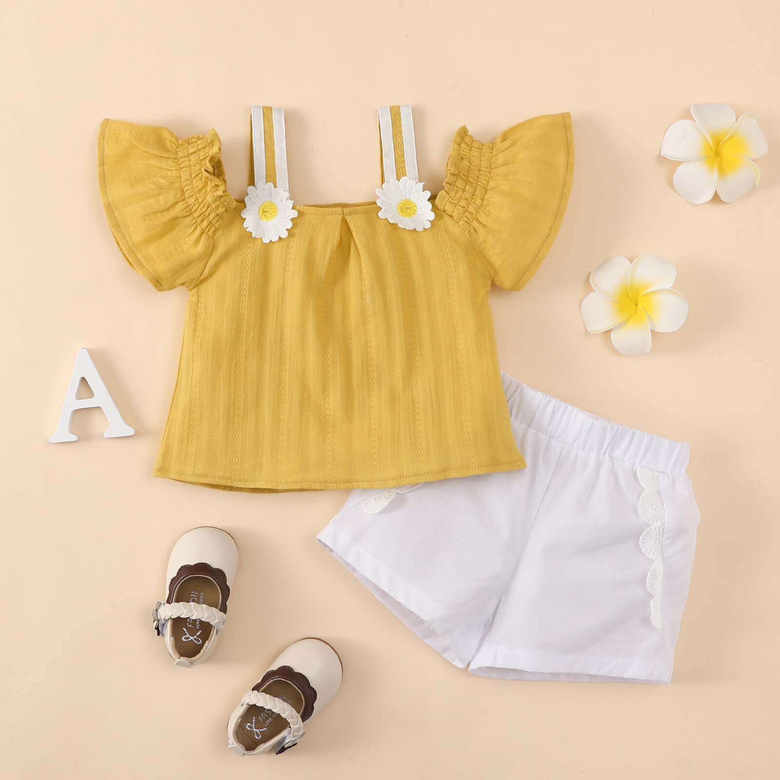 Off-Shoulder-Chrysanthemum-Toddler-Girls-Clothes-Summer-Short-Ruffle-Sleeve-Strap-T-Shirt-White-Lace-Shorts-2