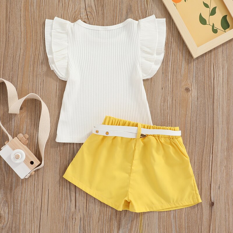 SUNSIOM-Baby-Girl-Clothes-Round-Neck-Fly-Sleeve-Solid-Color-T-shirt-Matching-High-Waist-Shorts-1