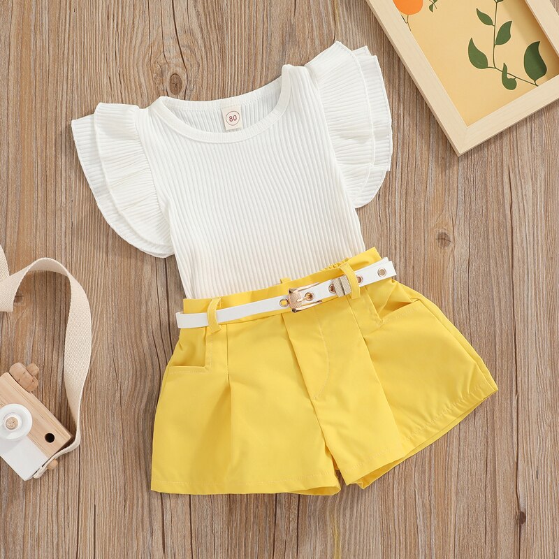 SUNSIOM-Baby-Girl-Clothes-Round-Neck-Fly-Sleeve-Solid-Color-T-shirt-Matching-High-Waist-Shorts-2