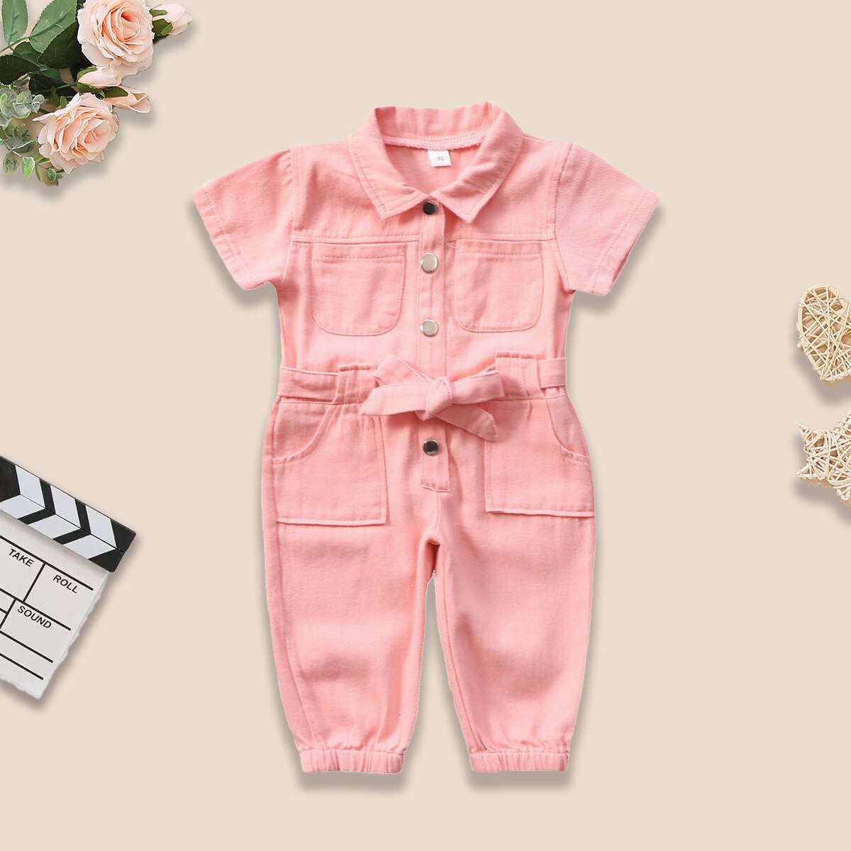 Toddler-Baby-Girl-Jumpsuit-Romper-Button-Pink-Pocket-Casual-Work-Clothes-One-Piece-Standing-Collar-Pocket-2