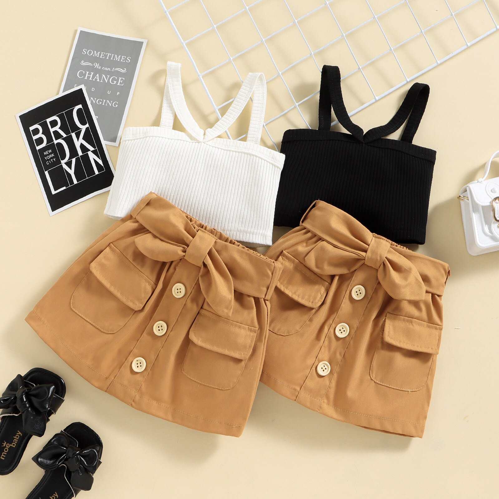 Toddler-Girls-Cute-Birthday-Two-Piece-Clothes-Set-Summer-Ribbed-Camisole-Solid-Color-Bow-Button-Skirt-1
