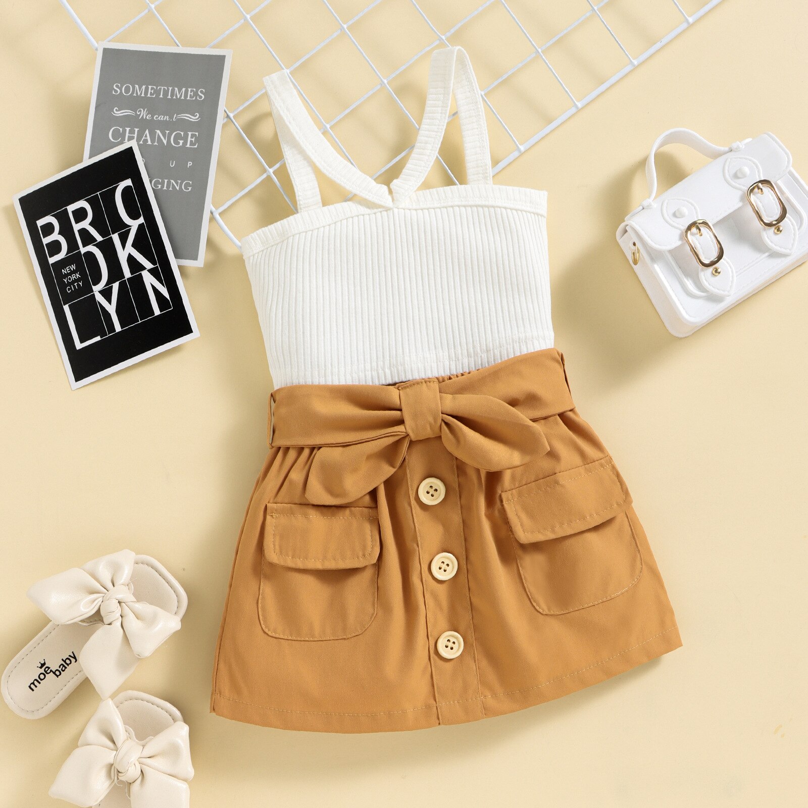 Toddler-Girls-Cute-Birthday-Two-Piece-Clothes-Set-Summer-Ribbed-Camisole-Solid-Color-Bow-Button-Skirt-2