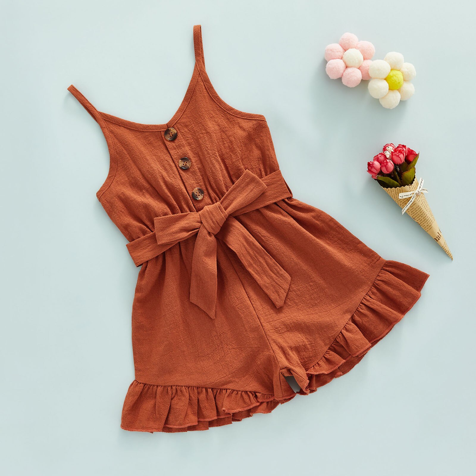 Toddler-Kid-Baby-Girls-Sling-Playsuit-Spaghetti-Straps-V-Neck-Buttons-Sleeveless-Ruffle-Hem-Solid-Color-3