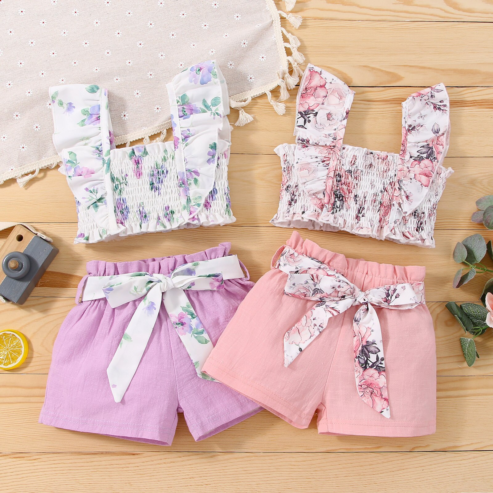 Toddler-Kid-Girls-Clothes-Set-Ribbed-Pleated-Floral-Camisole-Bowknot-Solid-Color-Shorts-Two-Piece-Summer-1