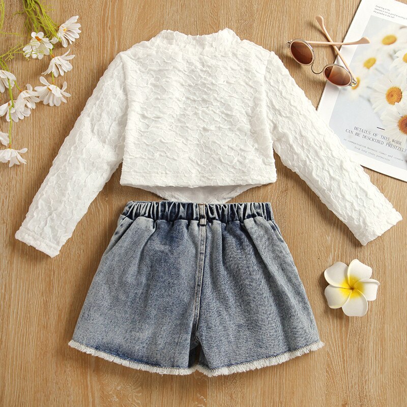 2-8-Years-Kids-Girls-2-Pieces-Outfits-Solid-White-Long-Sleeve-Tops-Daisy-Print-Frayed-1
