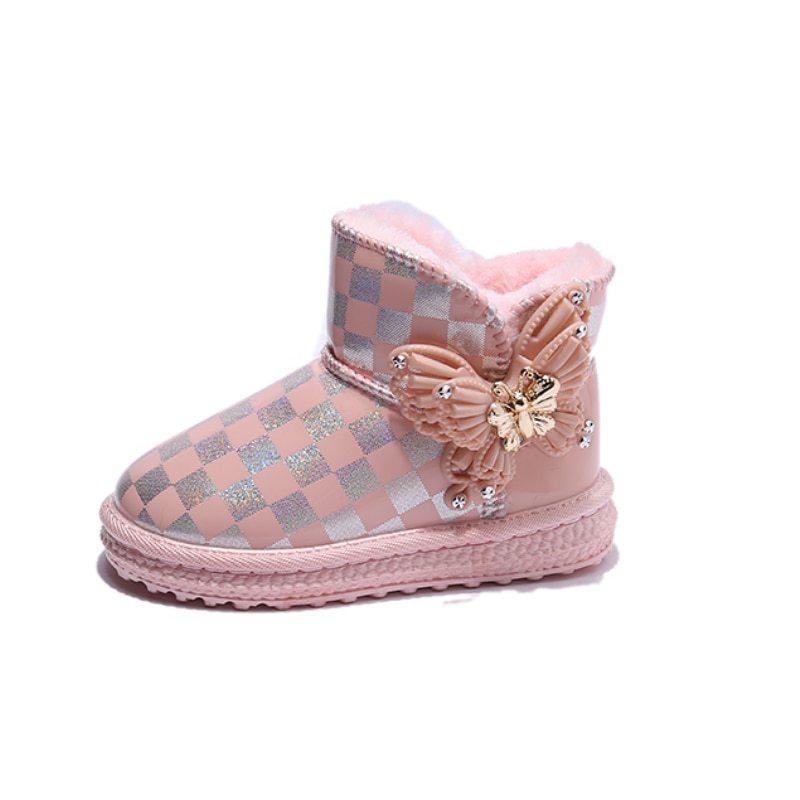 Girls-PU-Cute-Snow-Boots-Pink-Checkerboard-with-Bow-Pretty-Princess-All-match-Short-Boots-Winter-5