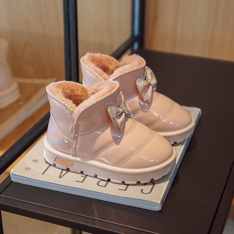 Girls-Pure-Pink-Waterproof-Snow-Boots-Rhinestone-Bow-Cute-Princess-Fashion-Versatile-Child-Black-and-White-3