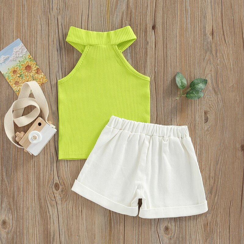 Two-Piece-Girl-s-Summer-Clothes-Fashion-Solid-Color-Round-Neck-Vest-and-Pockets-Short-Pants-1