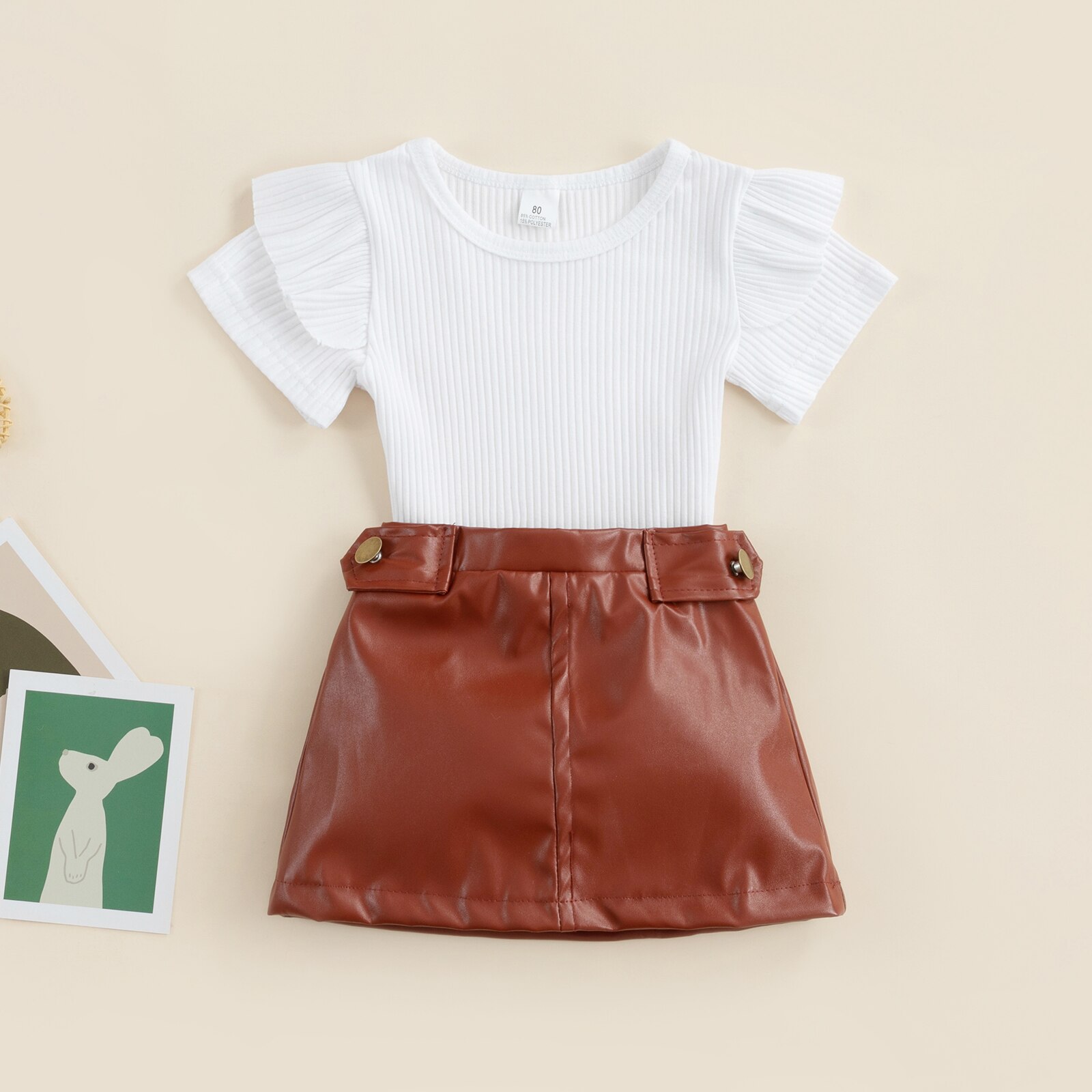 Citgeett-Summer-Kid-Baby-Girl-Clothes-Set-Solid-Color-Ribbed-Short-Sleeve-T-shirt-PU-Leather-1