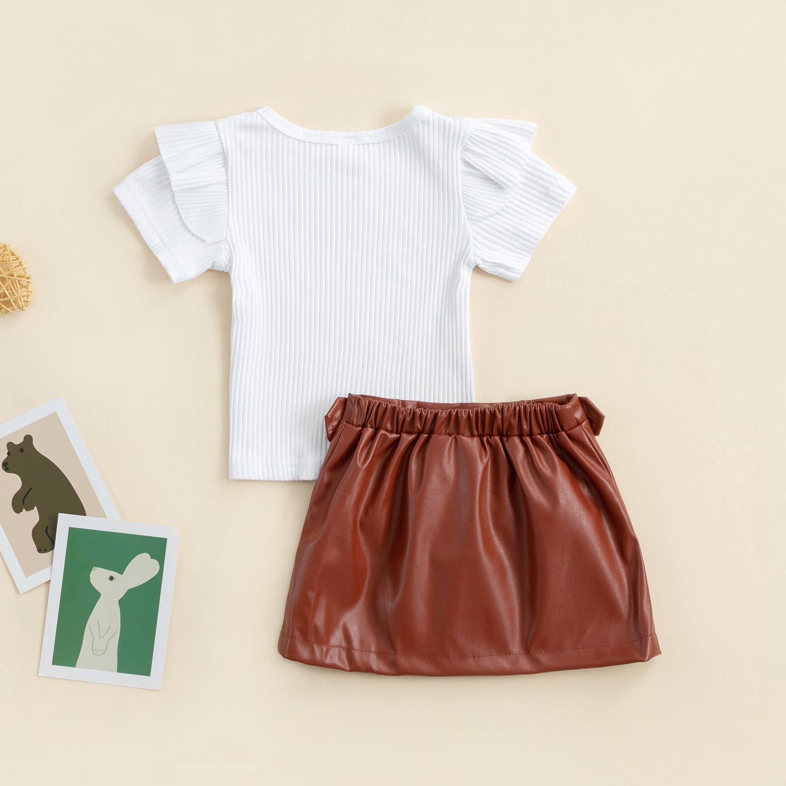 Citgeett-Summer-Kid-Baby-Girl-Clothes-Set-Solid-Color-Ribbed-Short-Sleeve-T-shirt-PU-Leather-2