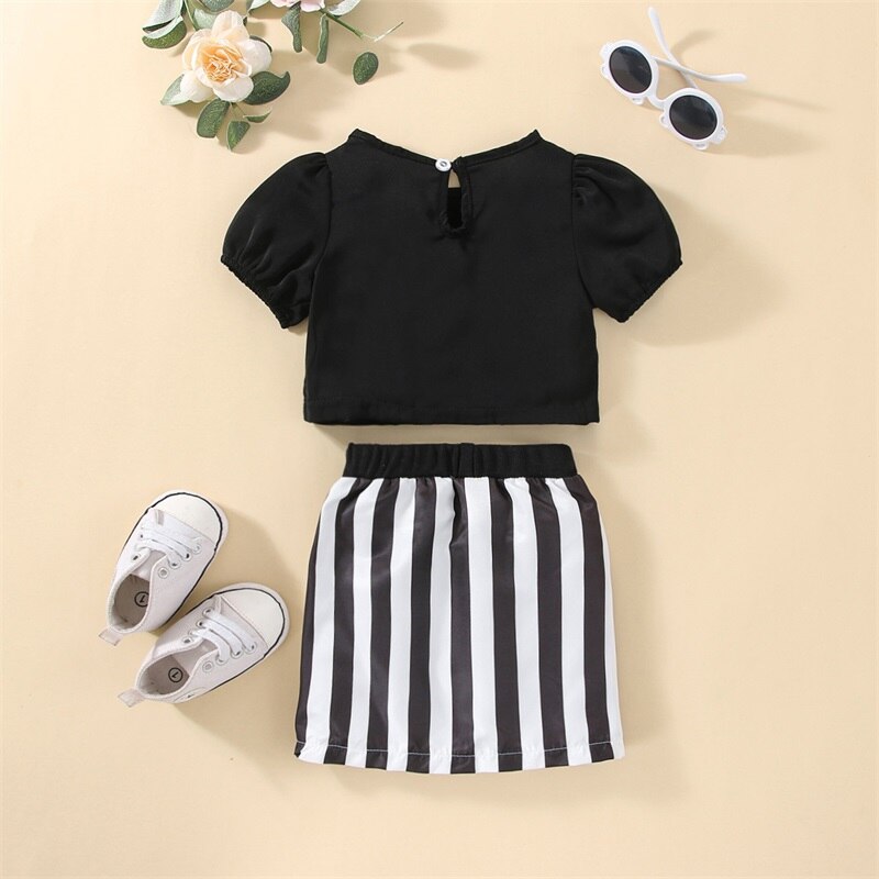 0-24M-Baby-Girls-Summer-Clothes-Sets-Toddler-Solid-Color-Puff-Short-Sleeve-Tops-Stripe-Short-1