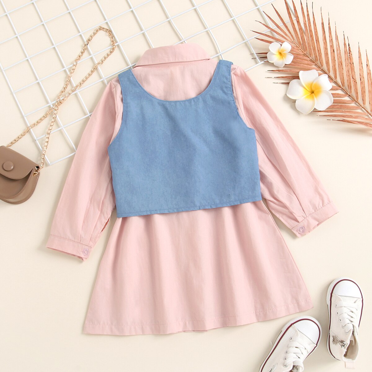 1-5Y-Fashion-Autumn-Girls-Clothes-Sets-2pcs-Solid-Long-Sleeve-Single-breasted-Shirt-Dress-Denim-2