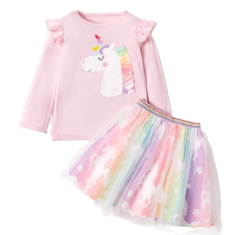 2022-Spring-New-Little-Girls-Clothing-Pink-Clothes-Set-Cartoon-Unicorn-Long-Sleeve-T-shirt-Skirt-5