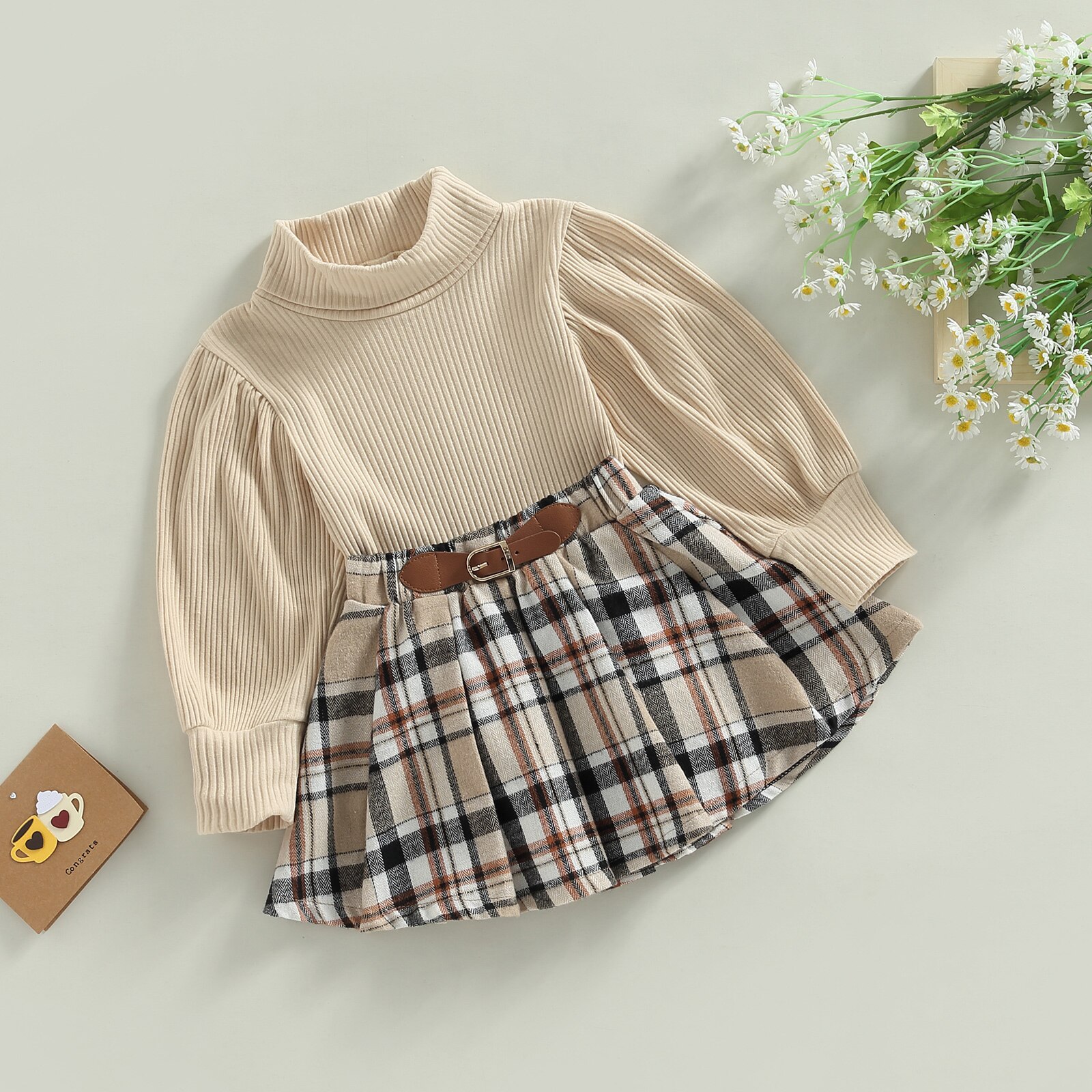 Citgeett-Autumn-Kids-Toddler-Girls-Outfit-Sets-Solid-Color-Long-Sleeve-Tops-A-line-Plaid-Skirt-1