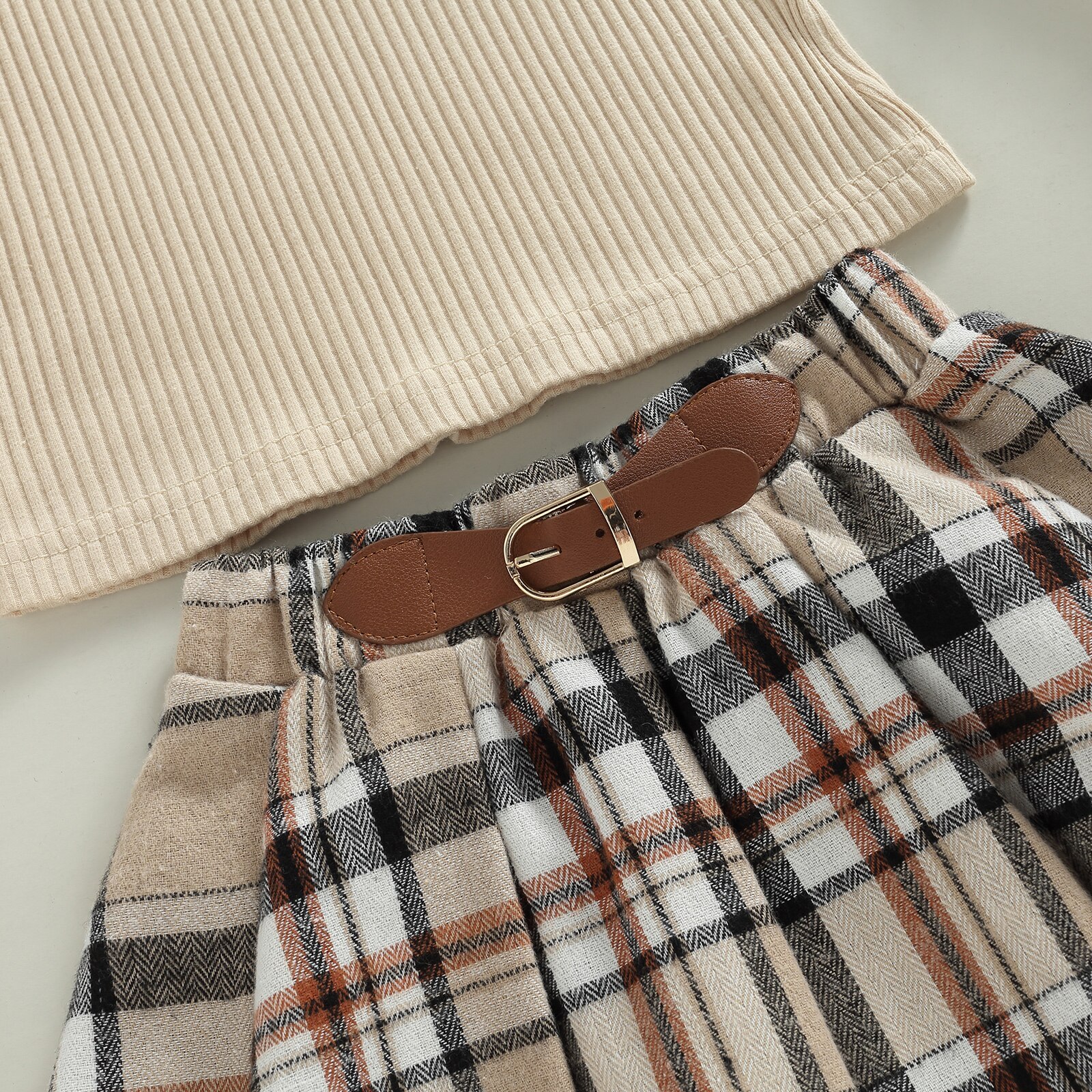 Citgeett-Autumn-Kids-Toddler-Girls-Outfit-Sets-Solid-Color-Long-Sleeve-Tops-A-line-Plaid-Skirt-4