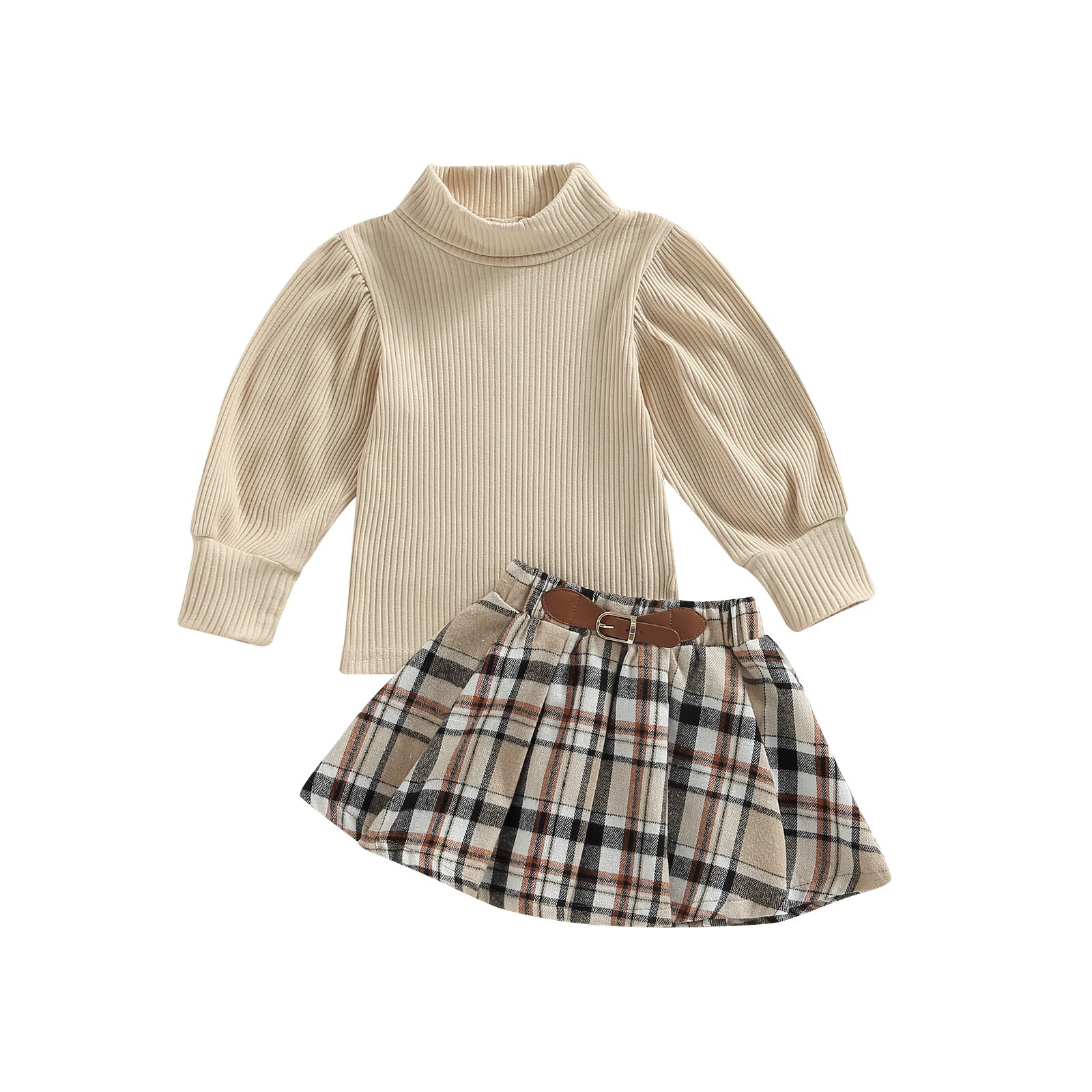 Citgeett-Autumn-Kids-Toddler-Girls-Outfit-Sets-Solid-Color-Long-Sleeve-Tops-A-line-Plaid-Skirt-5
