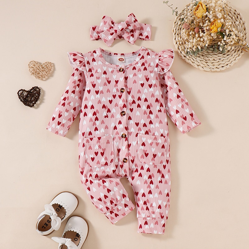 FOCUSNORM-2pcs-Infant-Baby-Girl-Valentine-s-Day-Romper-Heart-Print-Flying-Sleeves-Single-Breasted-Jumpsuit-2