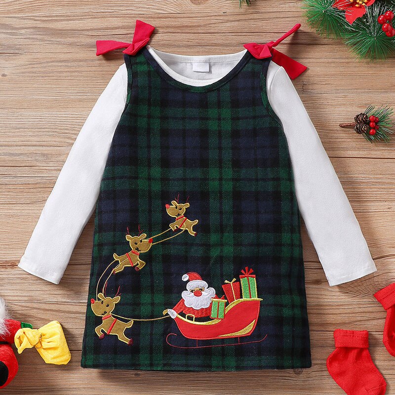 Fashion-Girls-Christmas-Clothes-Sets-2pcs-Solid-Long-Sleeve-Pullover-T-Shirts-Tops-Santa-embroidery-Plaid-1