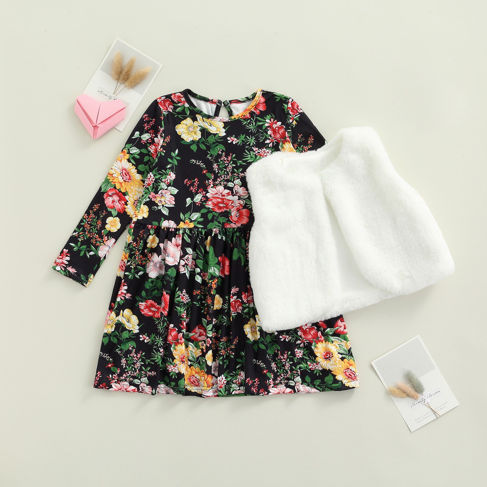 Kids-Girls-Clothes-Set-Baby-Girl-Long-Sleeve-Floral-Print-Dress-Plush-Vest-Top-2PCS-Outfit-1