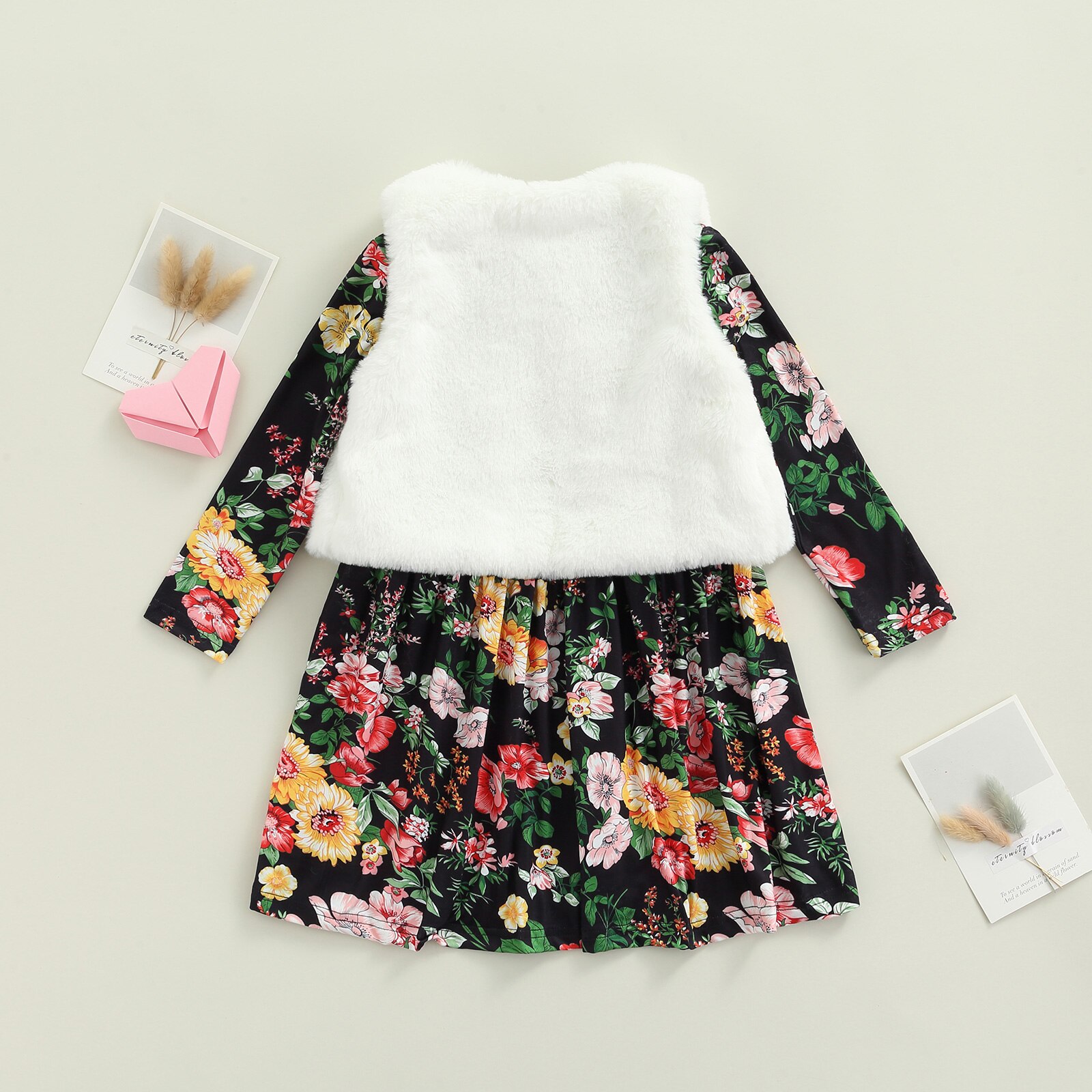 Kids-Girls-Clothes-Set-Baby-Girl-Long-Sleeve-Floral-Print-Dress-Plush-Vest-Top-2PCS-Outfit-5
