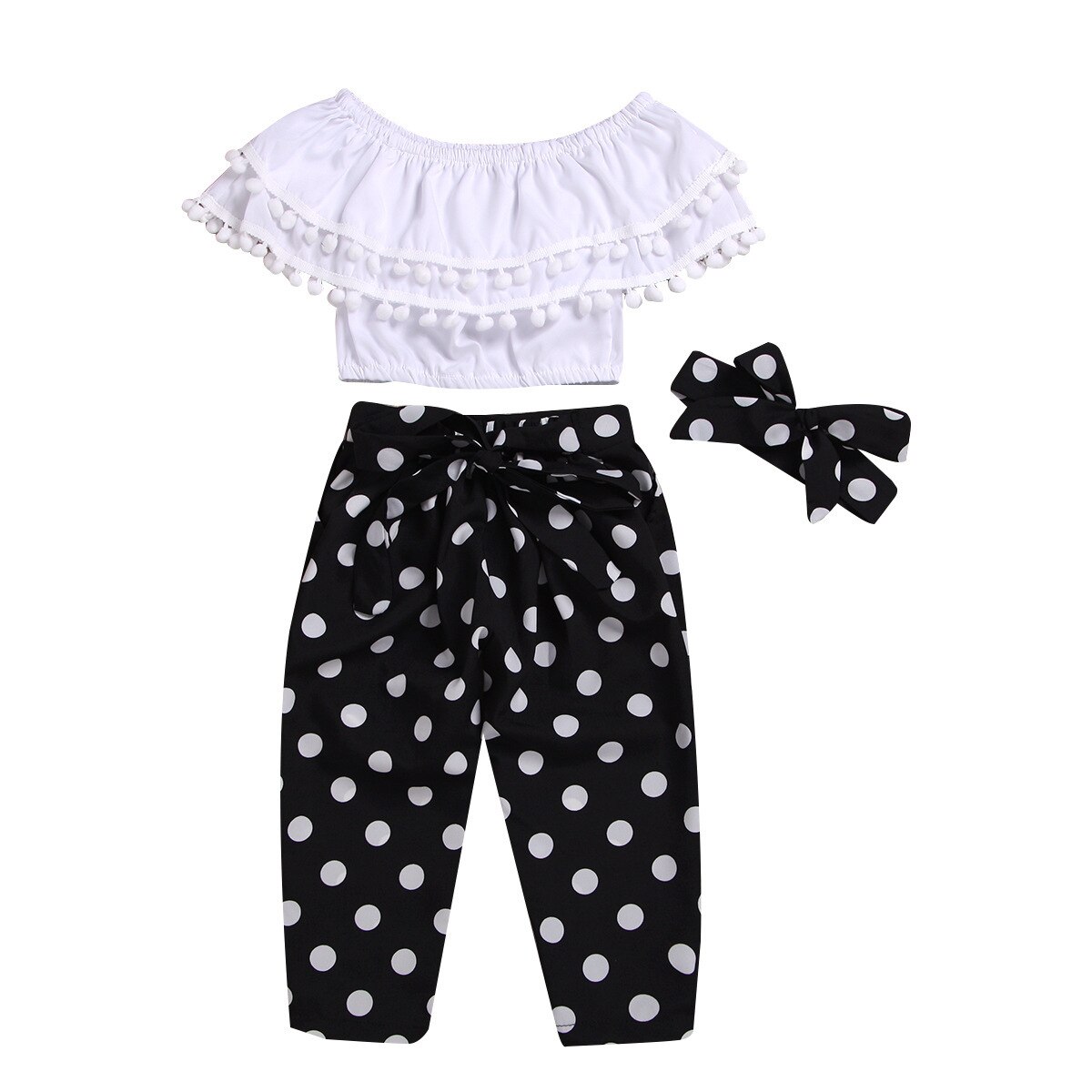 Summer-Baby-Girl-Clothing-Set-Casual-Short-Tops-T-shirt-Dots-Print-Black-Pants-Headband-3PCS-3