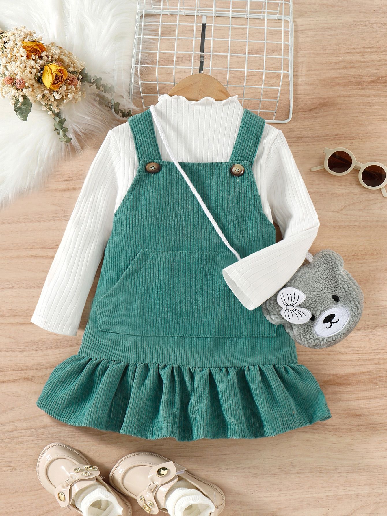 Baby-Girls-Outfit-Set-2023-New-Corduroy-Fishtail-Strap-Skirt-High-Collar-Long-Sleeve-Animal-Diagonal-1